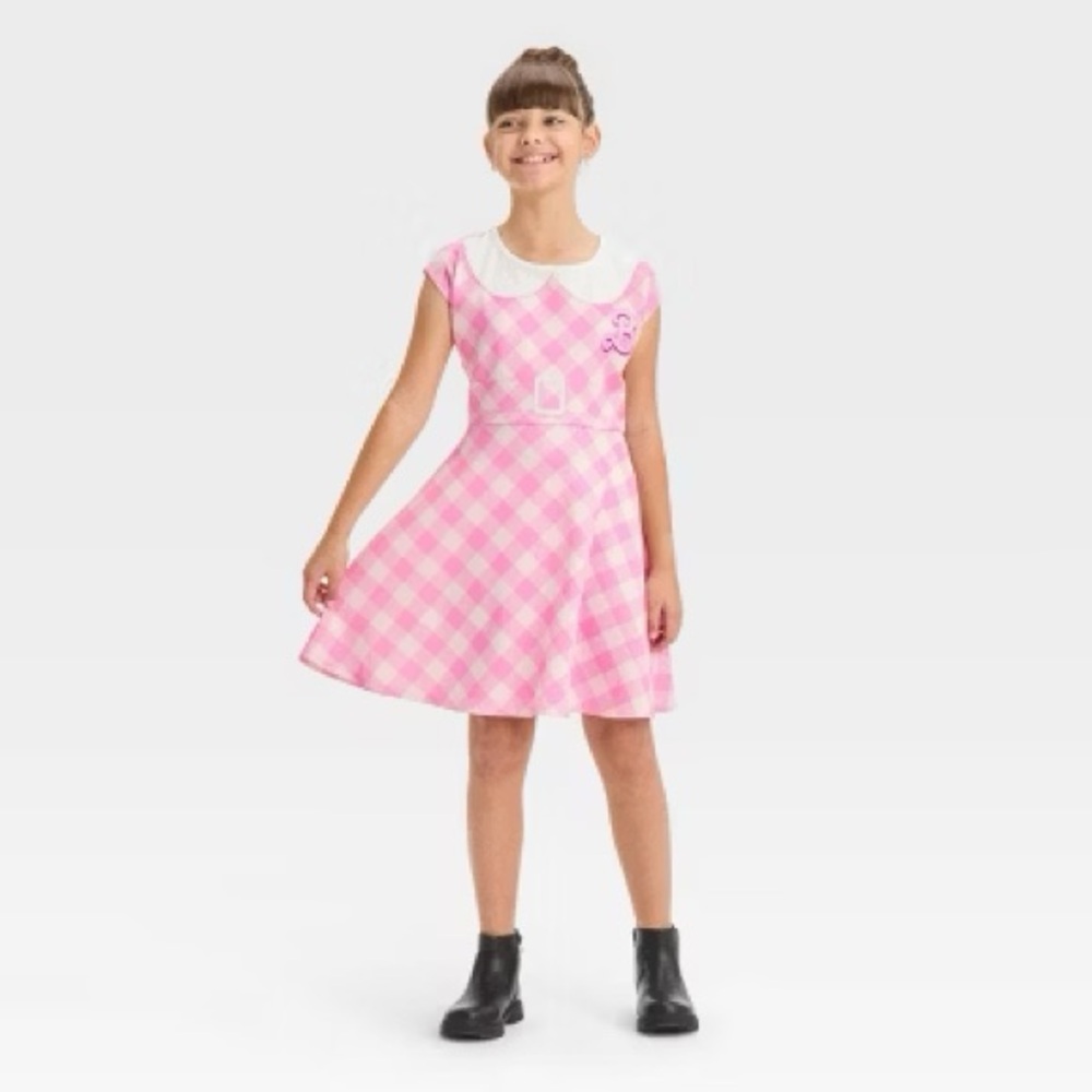 Girls Barbie Gingham Dress - Pink